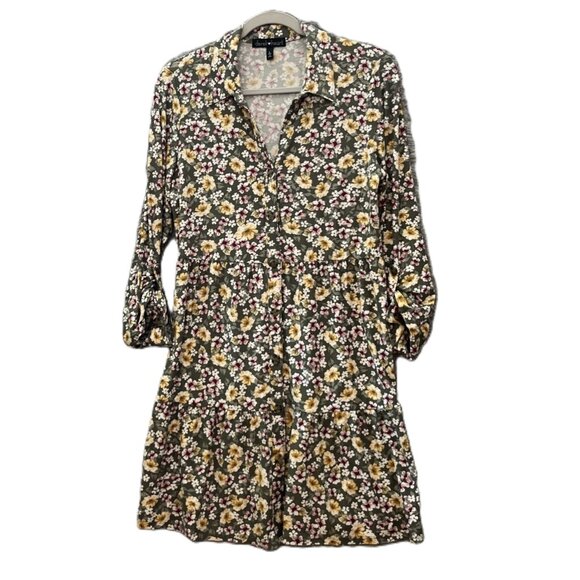 Derek‎ Heart Floral Dress Long Sleeve Ruffle Bottom Button Up Front Large - Picture 1 of 11